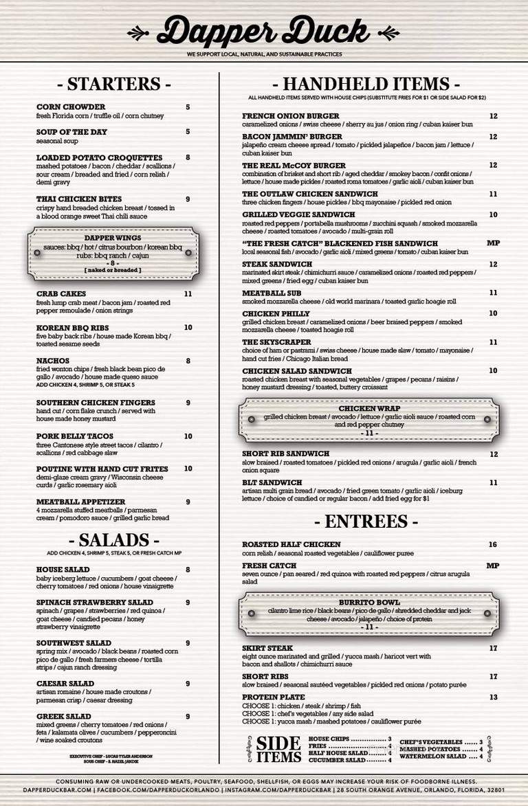 Dapper Duck Bar - Orlando, FL menu_pic