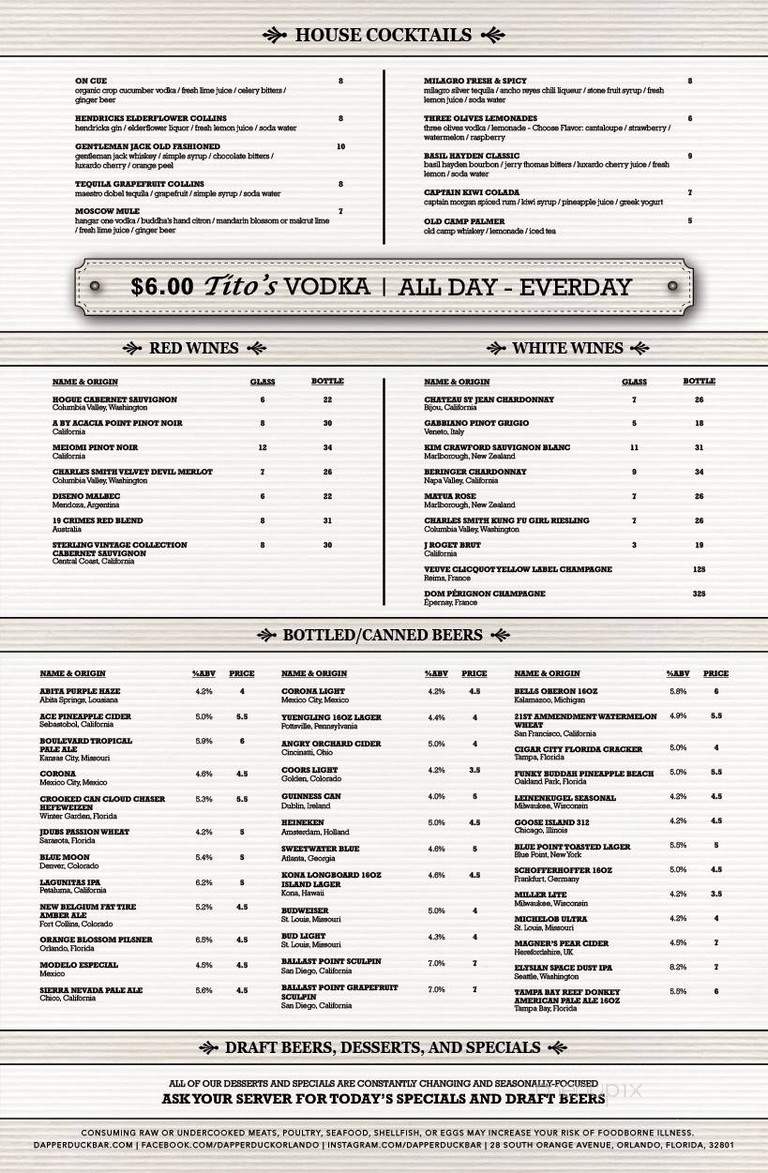 Dapper Duck Bar - Orlando, FL menu_pic