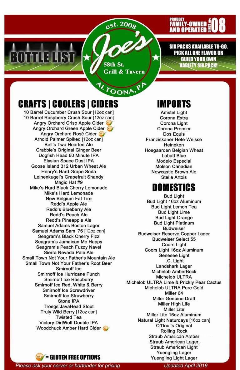 Joe's 58 St Grill & Tavern - Altoona, PA menu_pic