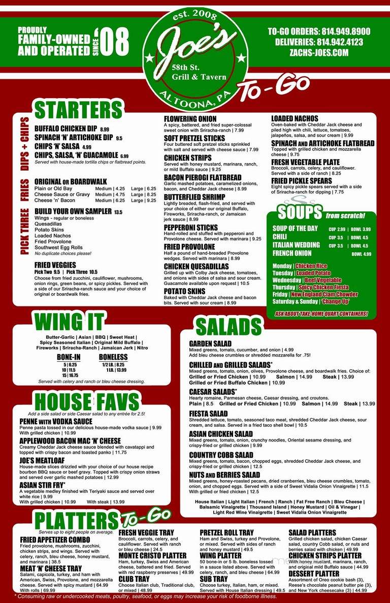 Joe's 58 St Grill & Tavern - Altoona, PA menu_pic