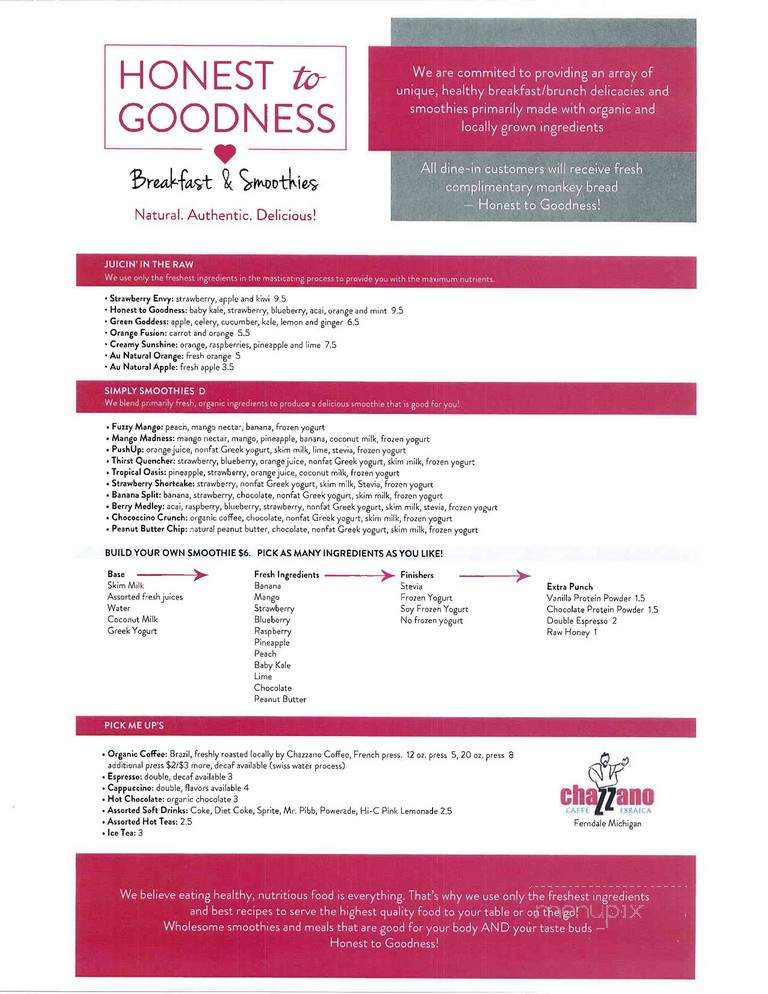 Honest To Goodness Breakfast & Smoothies - Lake Orion, MI menu_pic