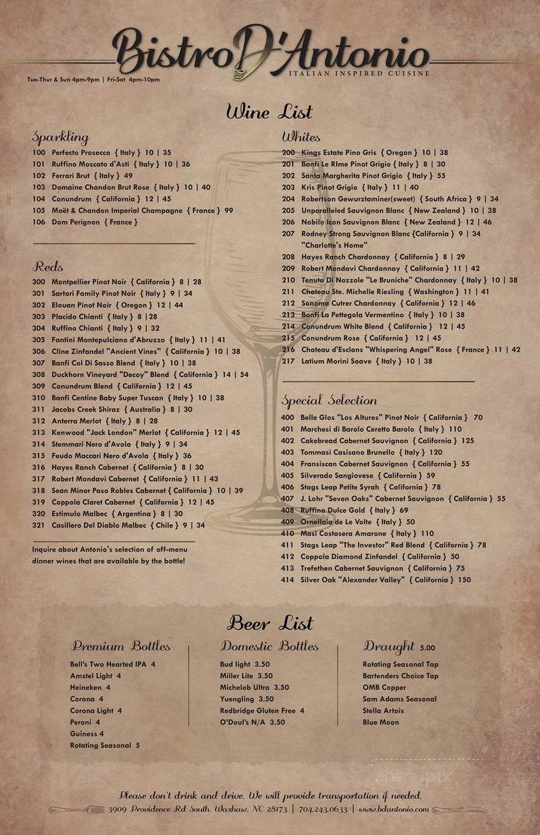 Bistro D'Antonio - Waxhaw, NC menu_pic