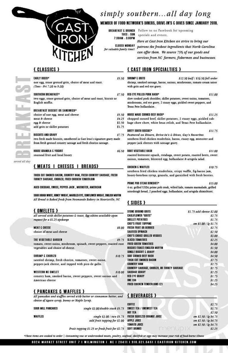 Menu of Cast Iron Kitchen in Wilmington, NC 28411