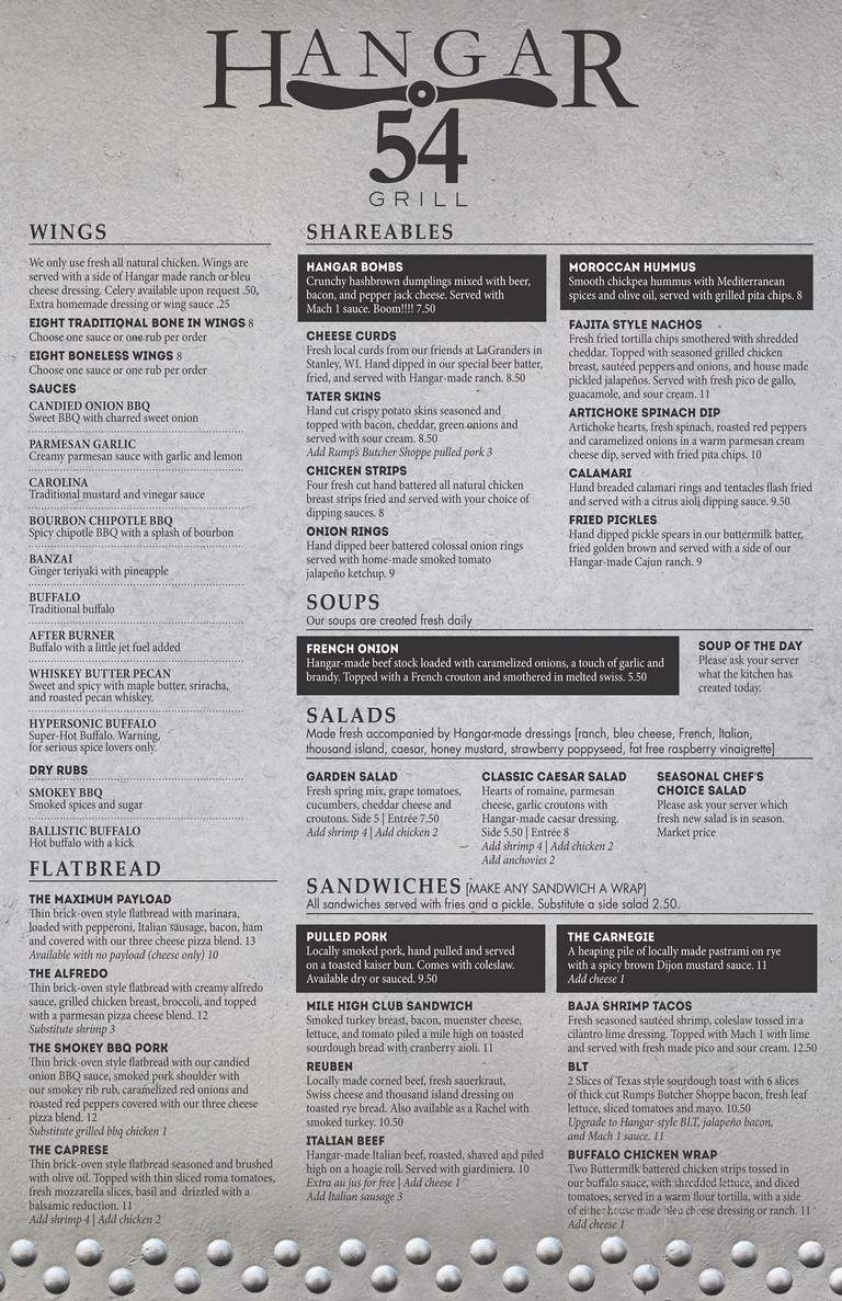 Menu of Hangar 54 Grill in Eau Claire, WI 54703