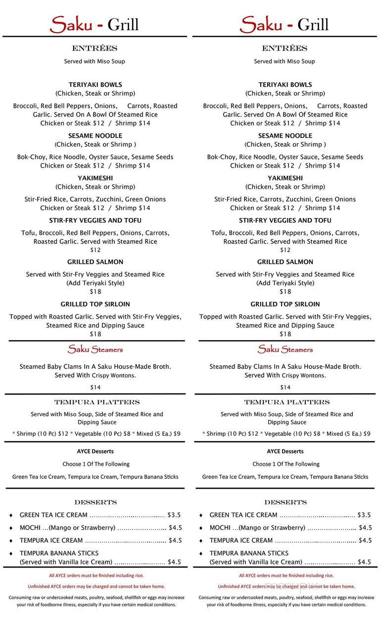 Saku Sushi Bar & Grill - Gardnerville, NV menu_pic