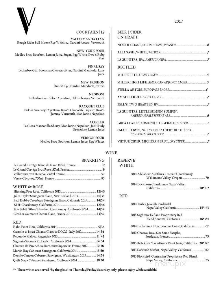 Valor - Glencoe, IL menu_pic