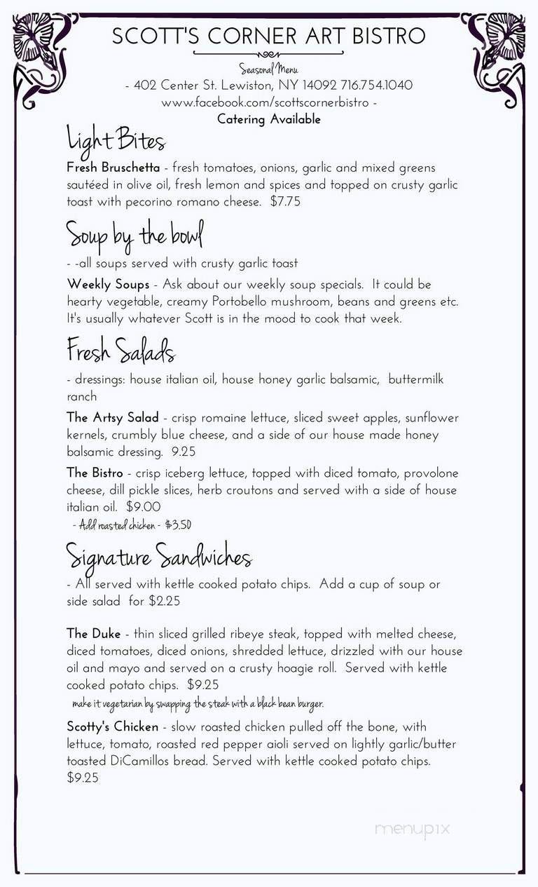 Scott's Corner- Art Bistro - Lewiston, NY menu_pic