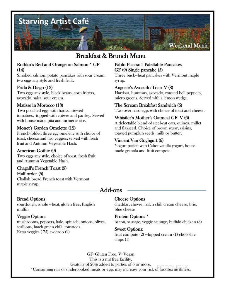 Starving Artist Cafe At Davis Studio - South Burlington, VT menu_pic