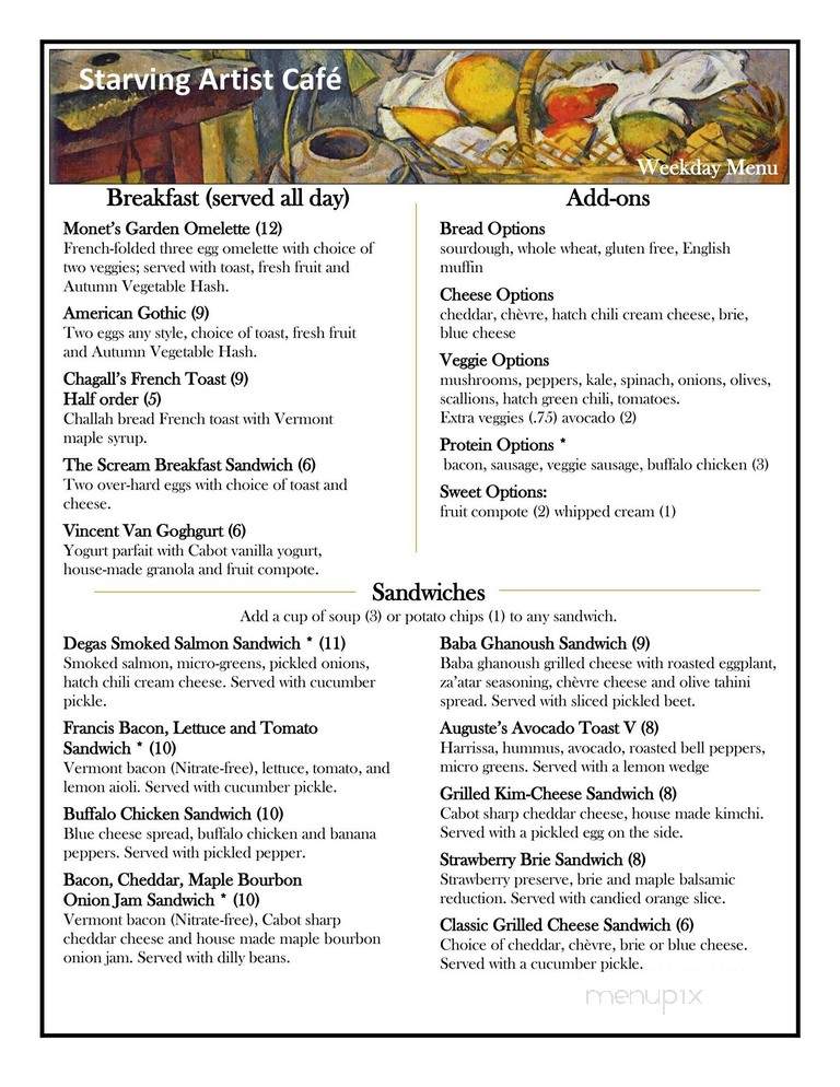 Starving Artist Cafe At Davis Studio - South Burlington, VT menu_pic