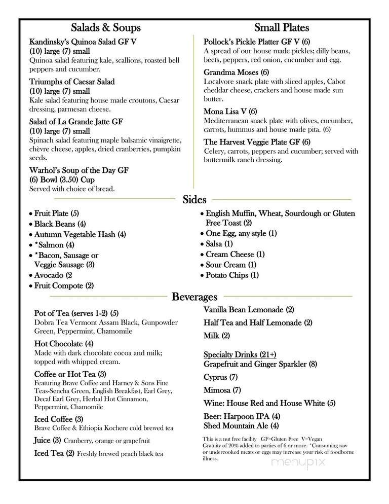 Starving Artist Cafe At Davis Studio - South Burlington, VT menu_pic