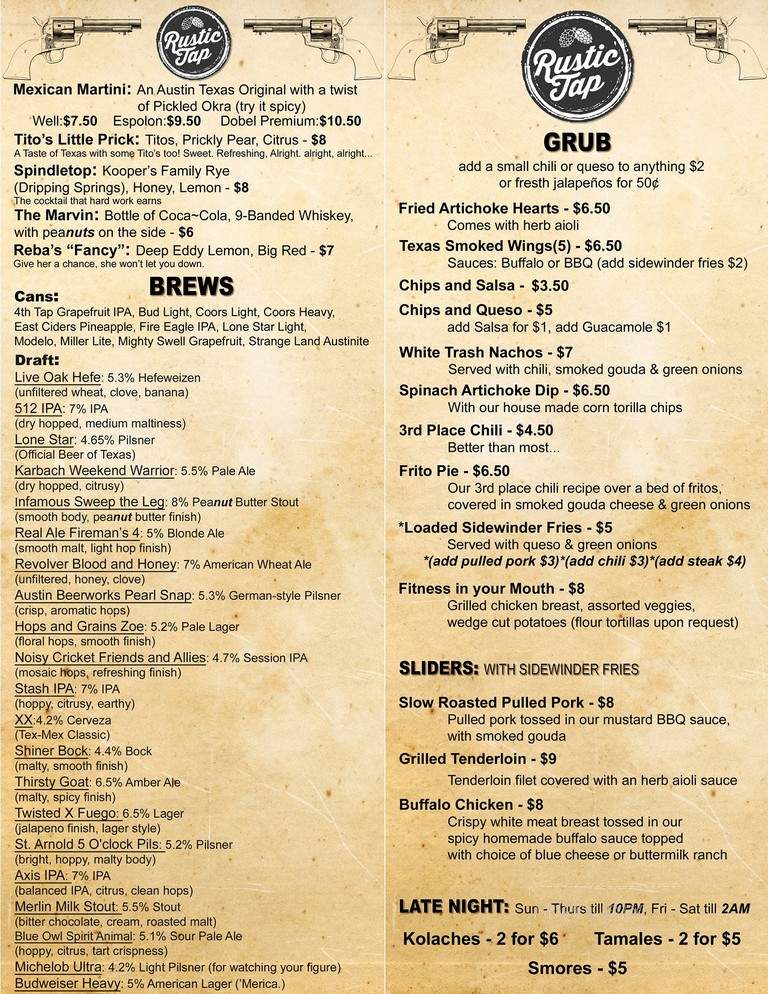 Rustic Tap - Austin, TX menu_pic
