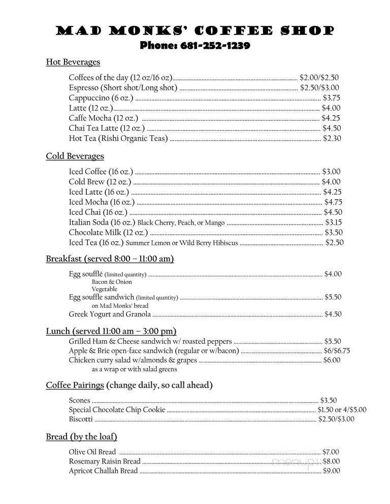 Mad Monks Coffee Shop - Charles Town, WV menu_pic