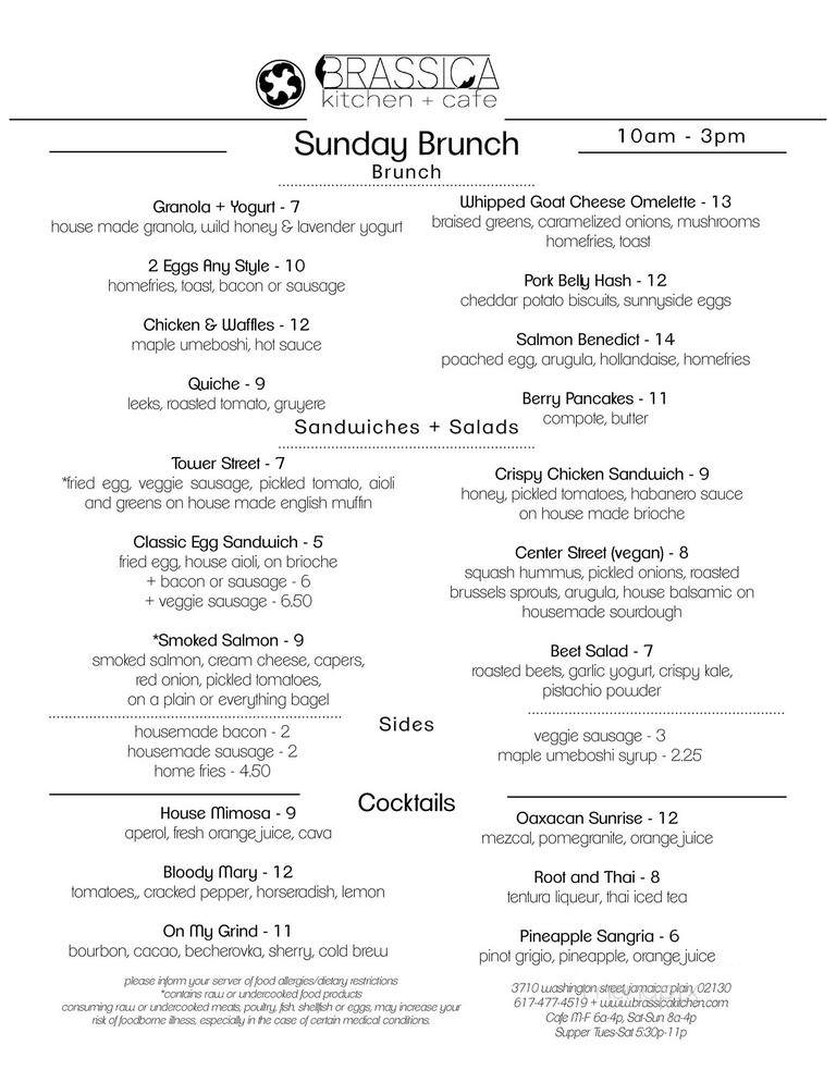 Menu Of Brassica Kitchen Cafe In Jamaica Plain Ma 02130