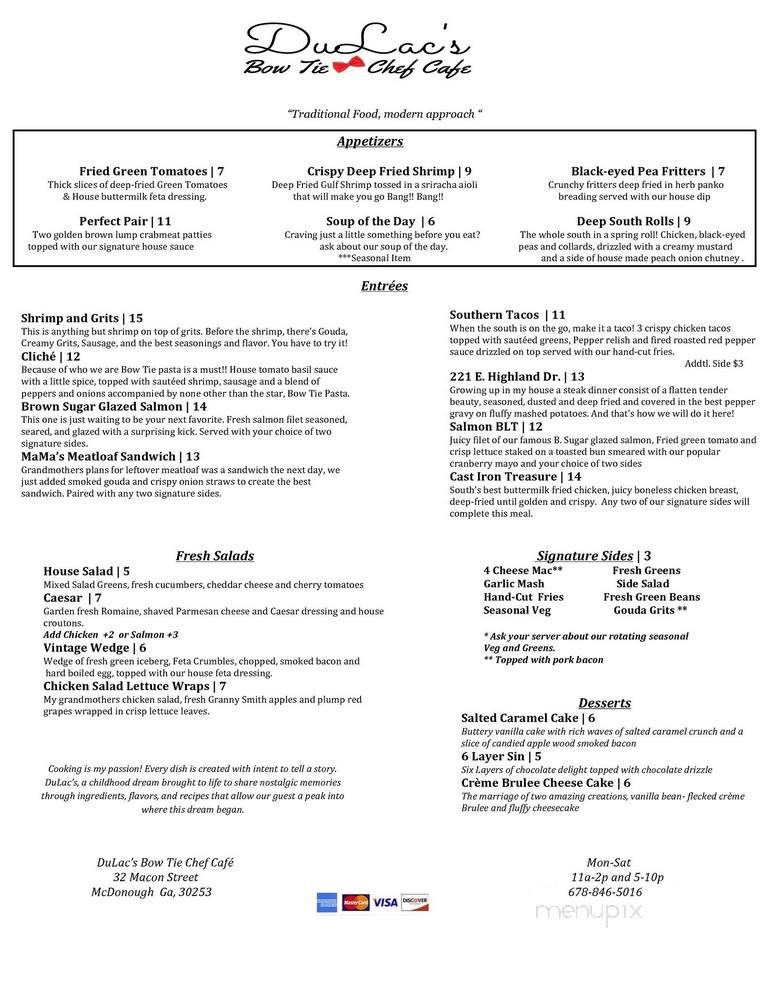 DuLac's Bow Tie Chef Cafe - McDonough, GA menu_pic