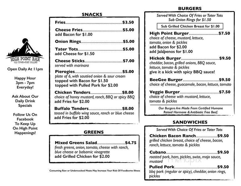 High Point Bar - Fort Collins, CO menu_pic