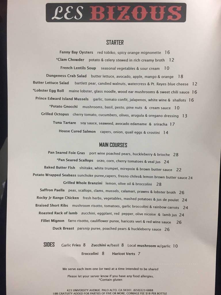 Les Bizous - Palo Alto, CA menu_pic