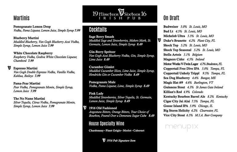1916 Irish Pub - Plant City, FL menu_pic
