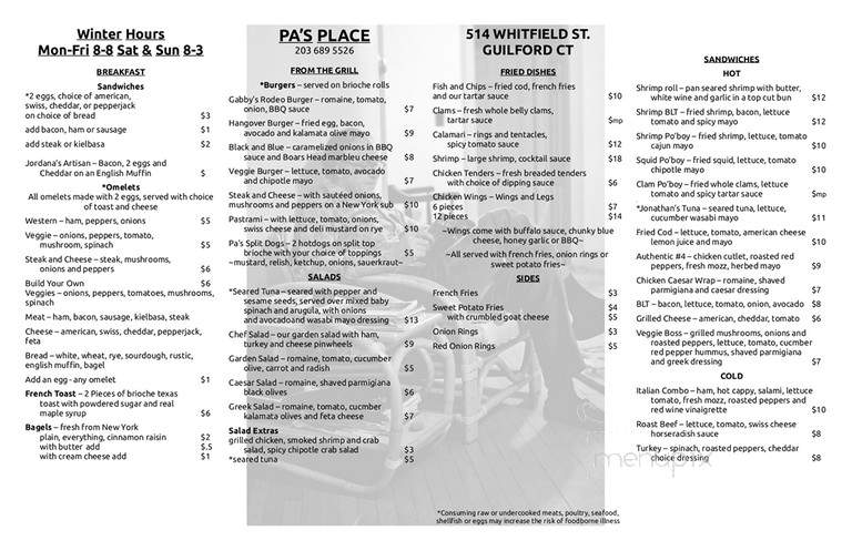 Pa's Place - Guilford, CT menu_pic