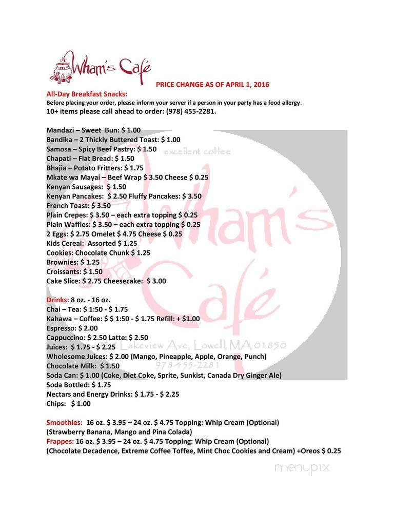 180 Cafe - Boston, MA menu_pic