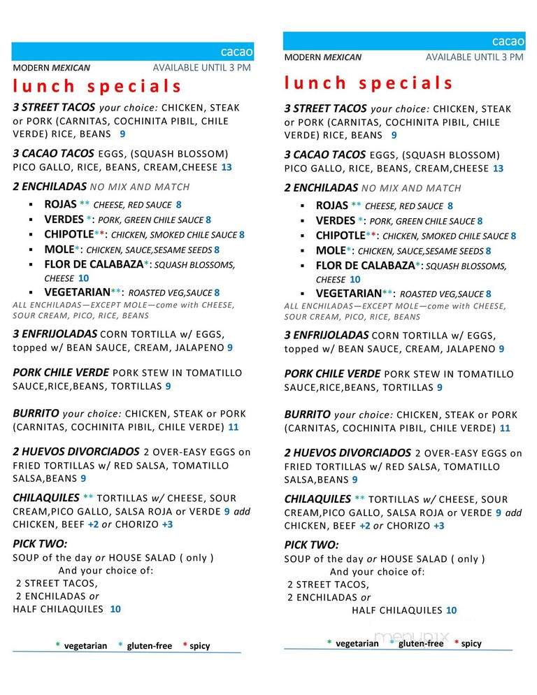 Cacao Restaurante - Prairie Village, KS menu_pic