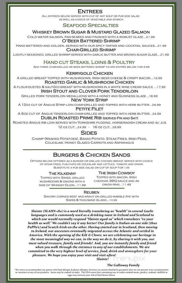 Kilt & Clover - Osage Beach, MO menu_pic