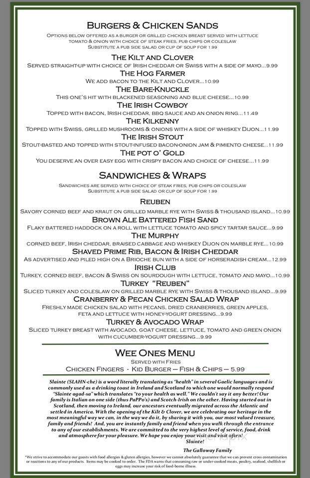 Kilt & Clover - Osage Beach, MO menu_pic