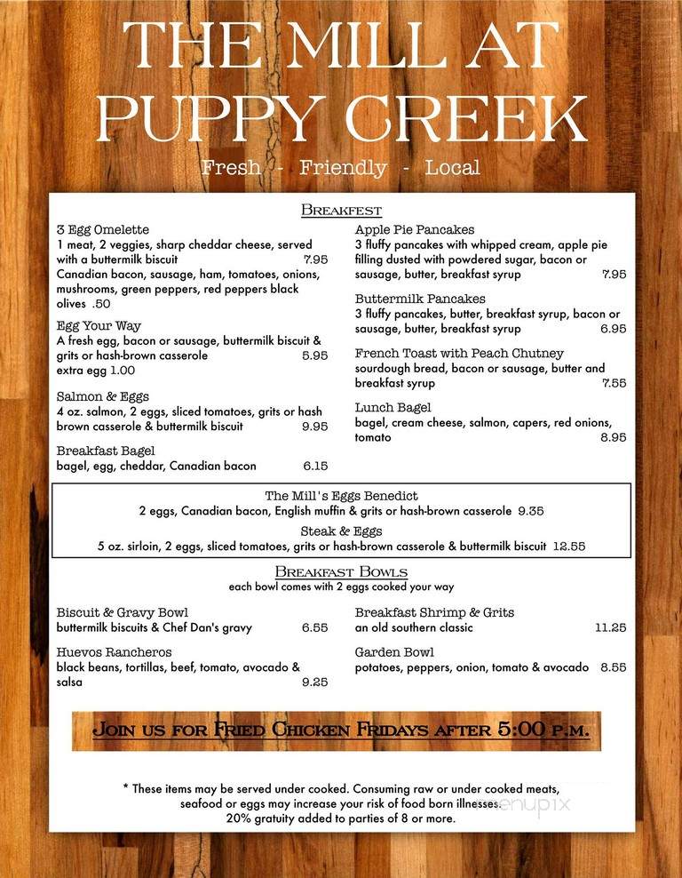The Mill At Puppy Creek - Raeford, NC menu_pic
