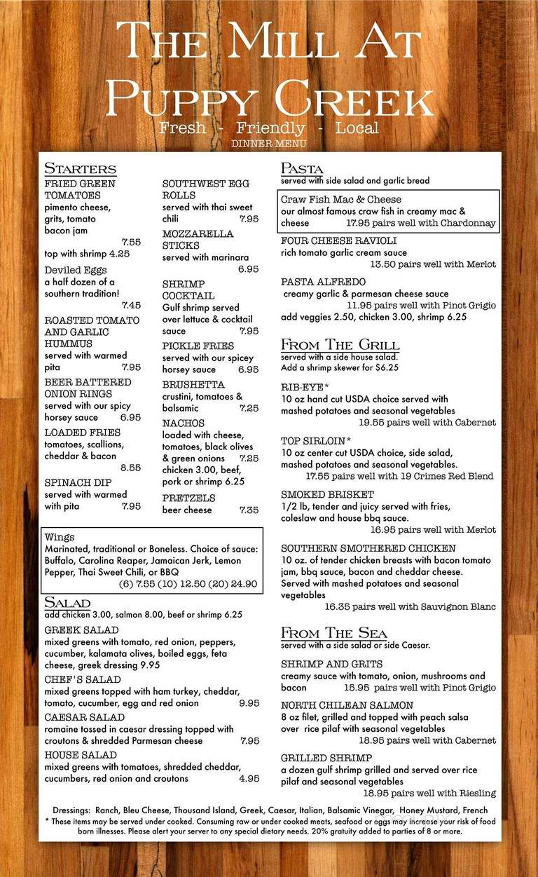 The Mill At Puppy Creek - Raeford, NC menu_pic
