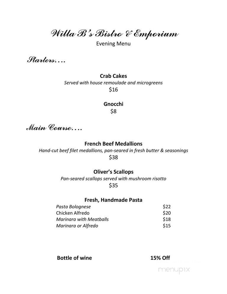 Willa B's - Yankton, SD menu_pic