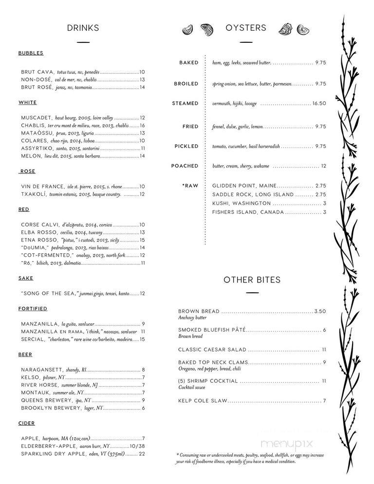 Zadie's Oyster Room - New York, NY menu_pic