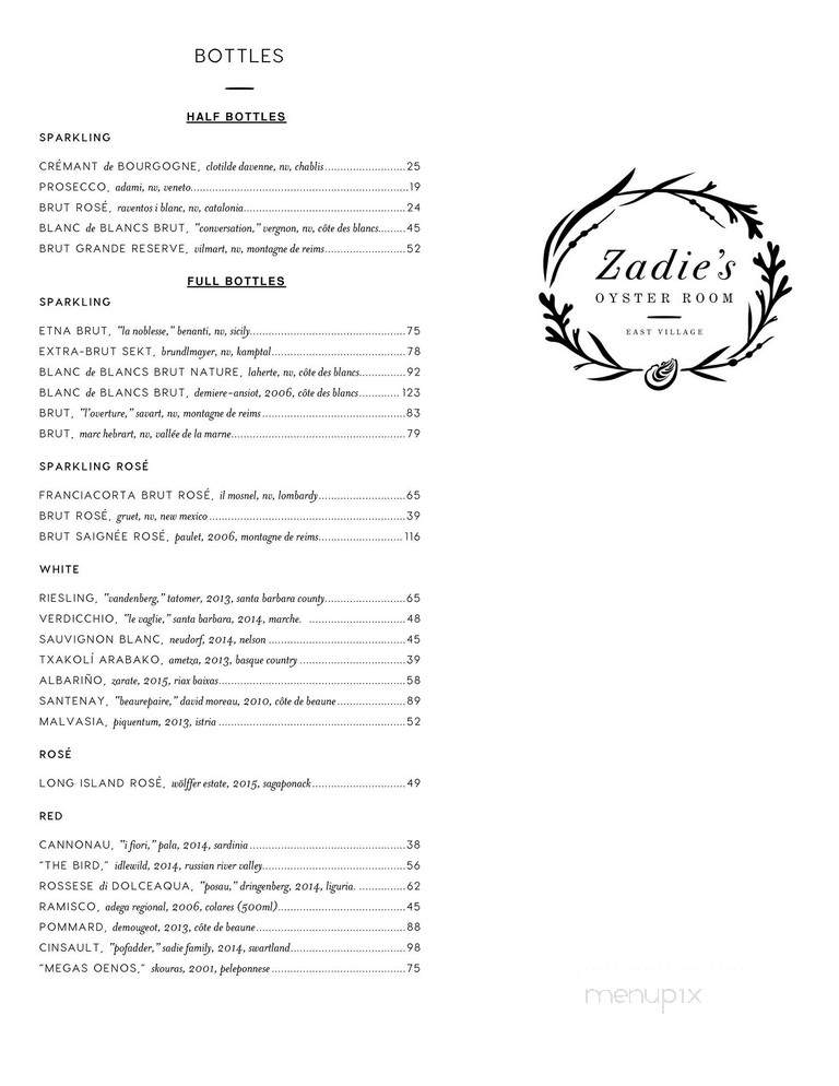 Zadie's Oyster Room - New York, NY menu_pic