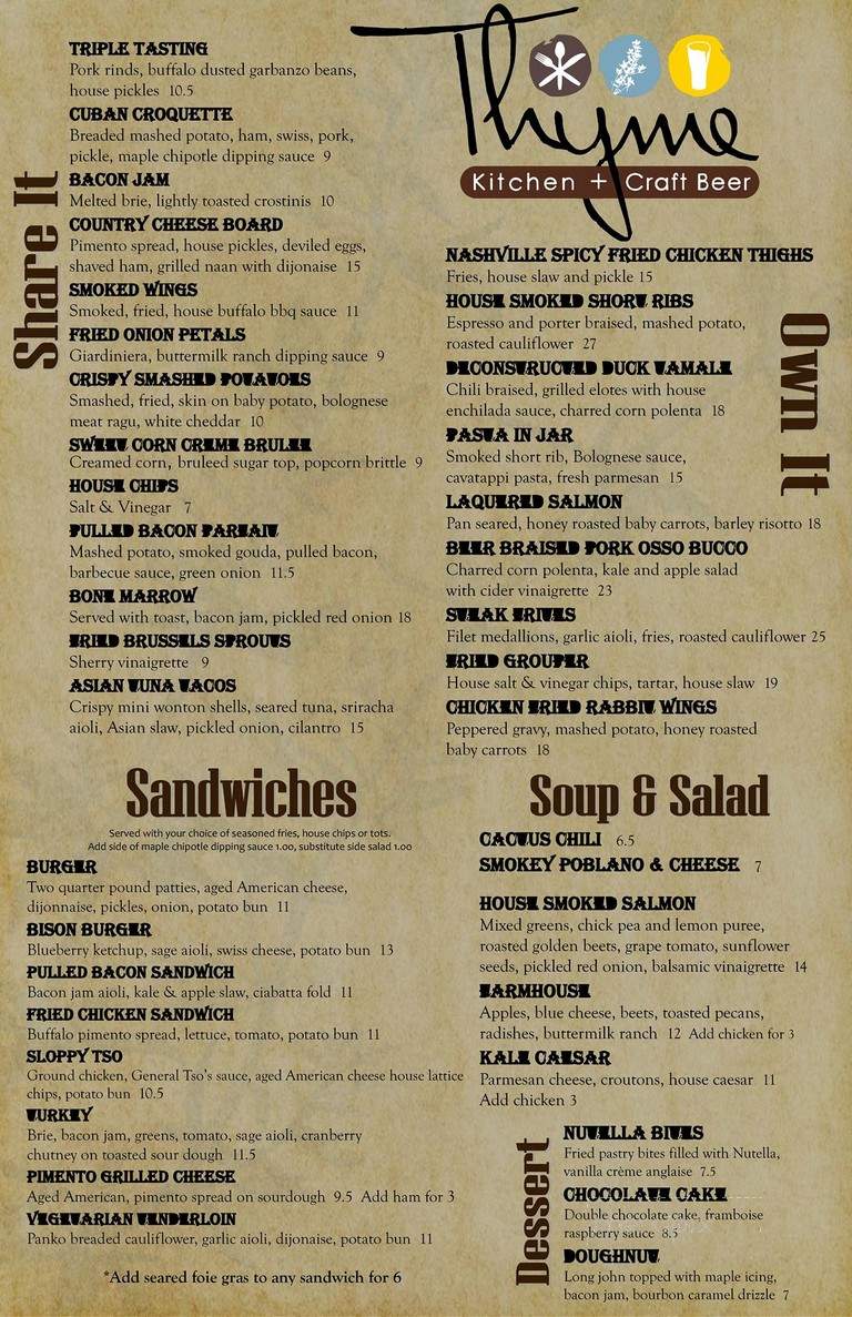 Thyme Kitchen and Craft Beer - Peoria, IL menu_pic