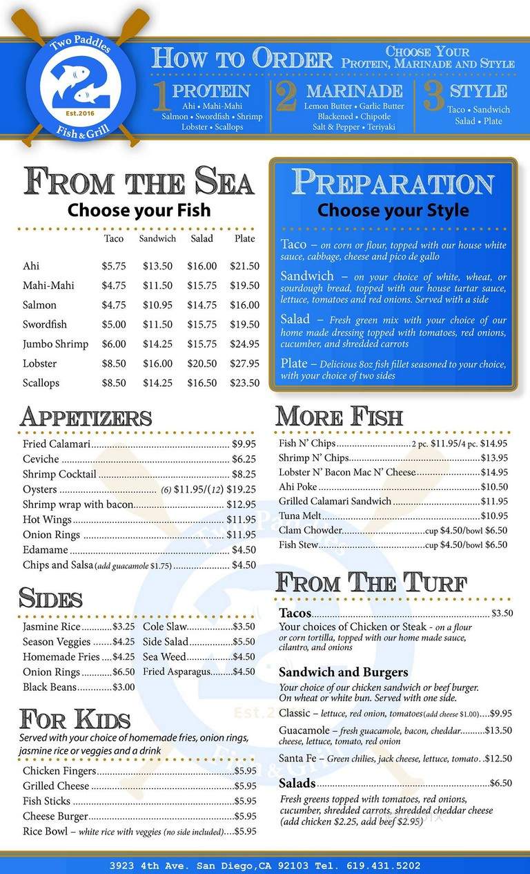 Two Paddles Fish & Grill - San Diego, CA menu_pic