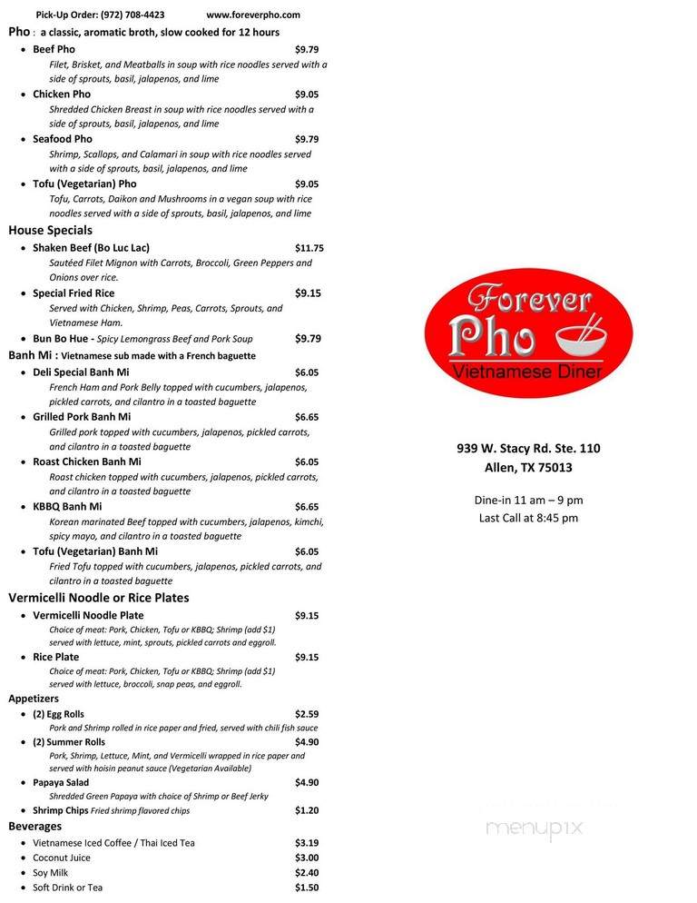 Forever Pho - Allen, TX menu_pic