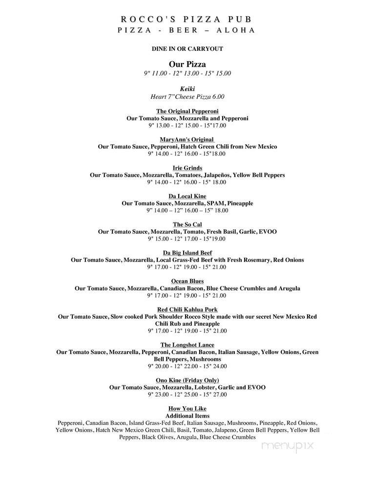 Rocco's Pizza Pub - Kealakekua, HI menu_pic