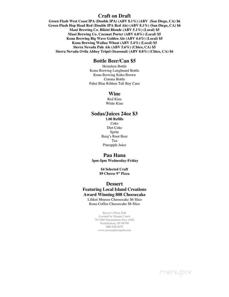 Rocco's Pizza Pub - Kealakekua, HI menu_pic