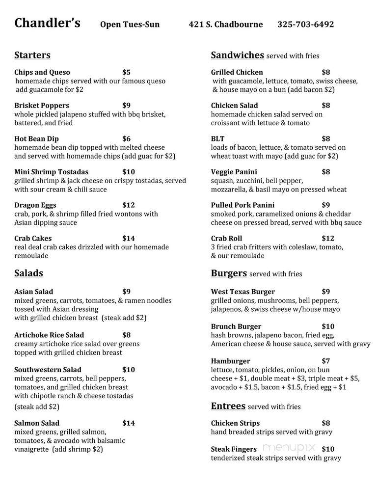 Chandler's Bar & Grille - San Angelo, TX menu_pic