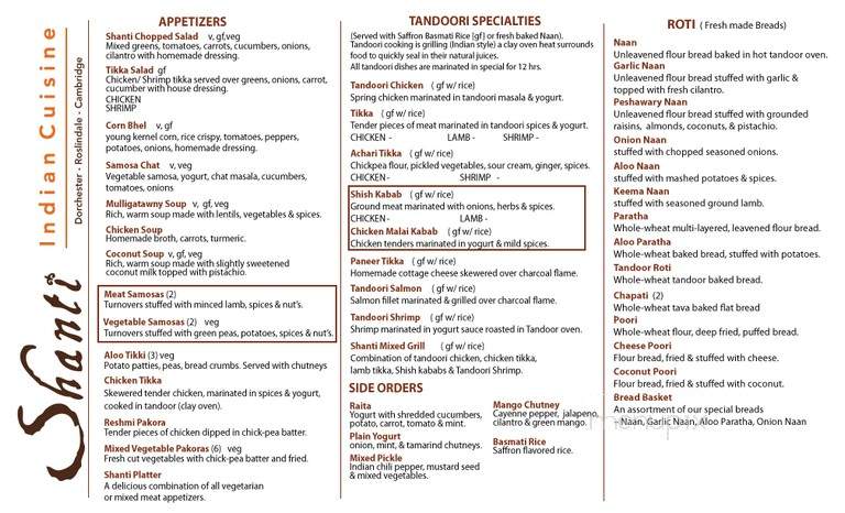 Shanti Restaurant- Cambridge - Cambridge, MA menu_pic