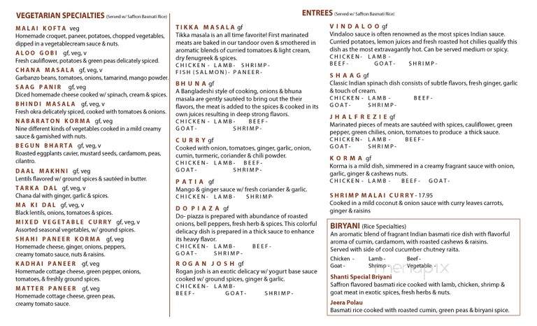 Shanti Restaurant- Cambridge - Cambridge, MA menu_pic