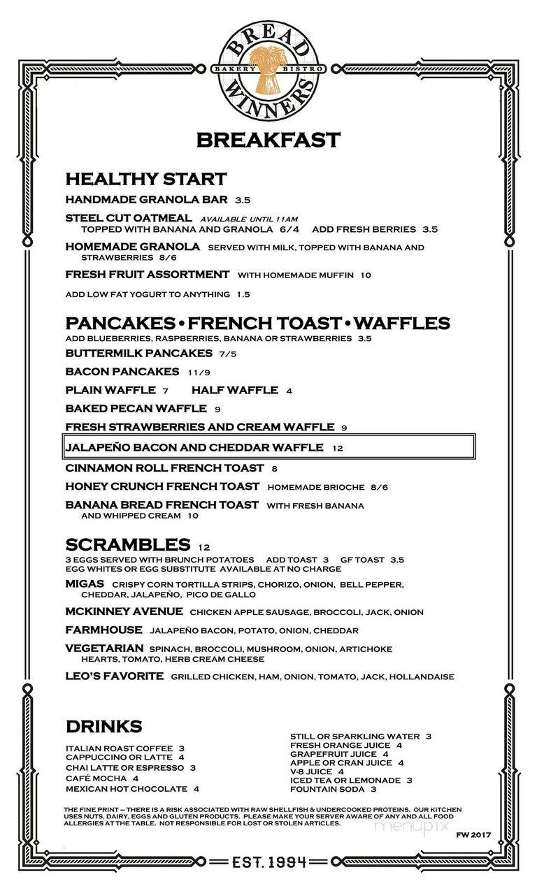 Menu Of Bread Winners Cafe Bakery In Fort Worth Tx