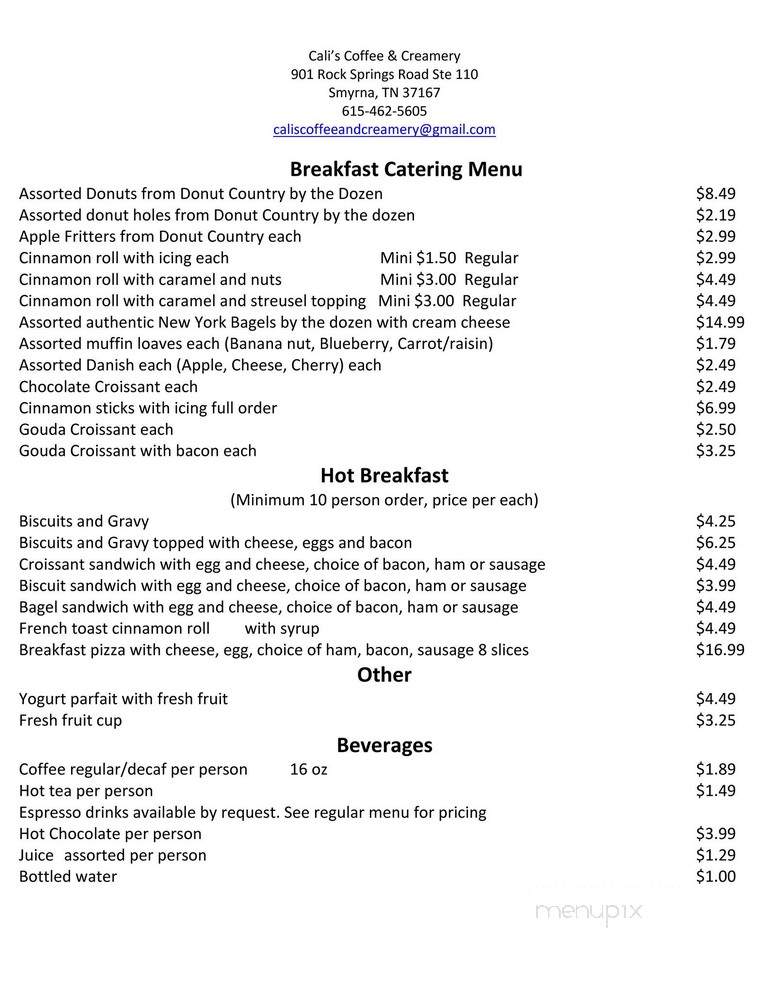 Cali's Coffee & Creamery - Smyrna, TN menu_pic