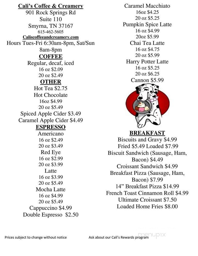 Cali's Coffee & Creamery - Smyrna, TN menu_pic