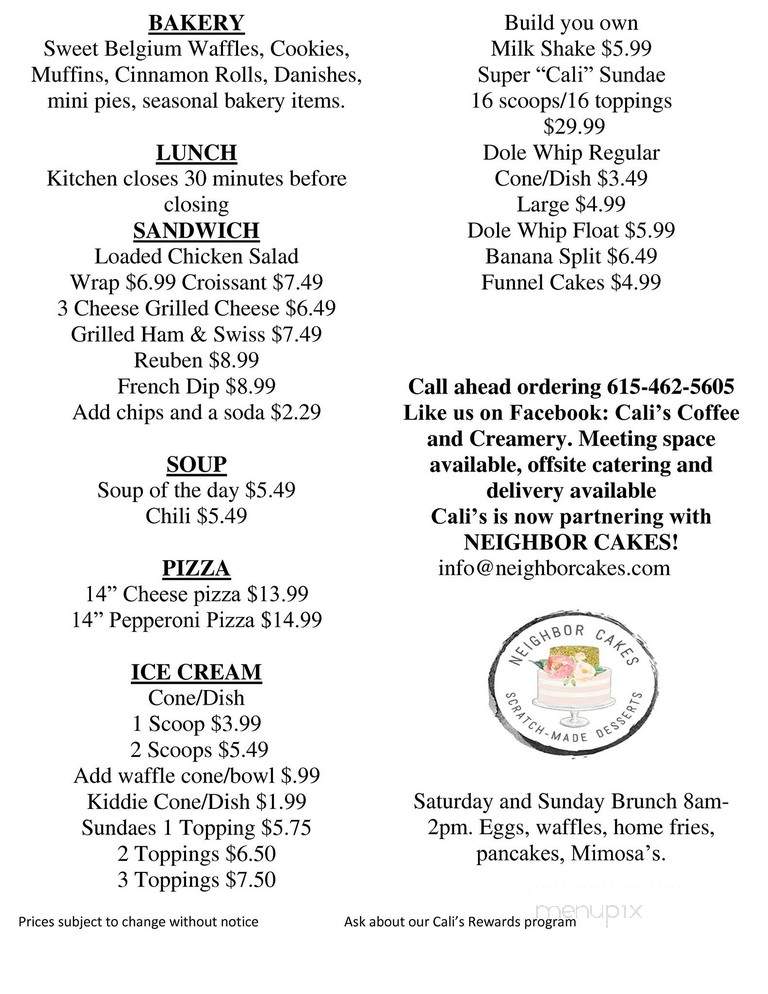 Cali's Coffee & Creamery - Smyrna, TN menu_pic