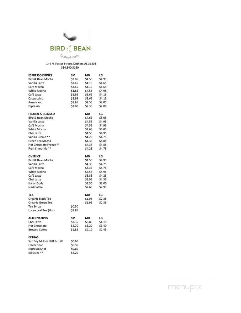 Bird & Bean Coffee House - Dothan, AL menu_pic