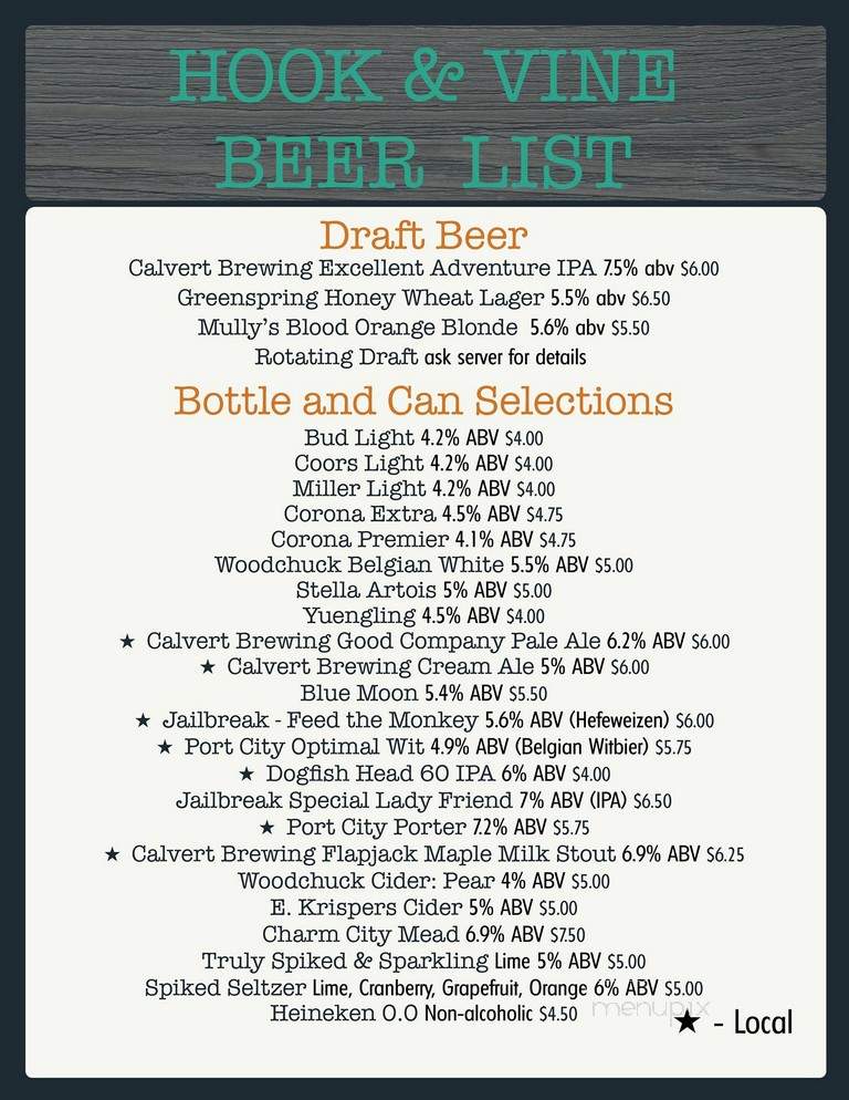 Hook & Vine - North Beach, MD menu_pic