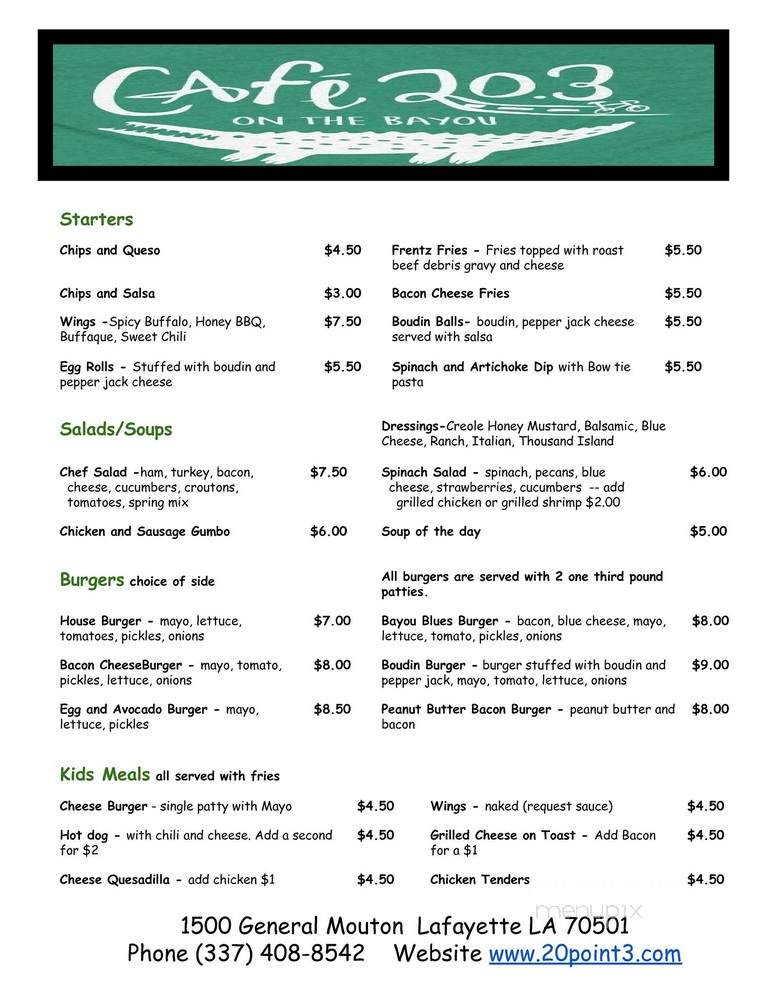 Cafe 20.3 - Lafayette, LA menu_pic