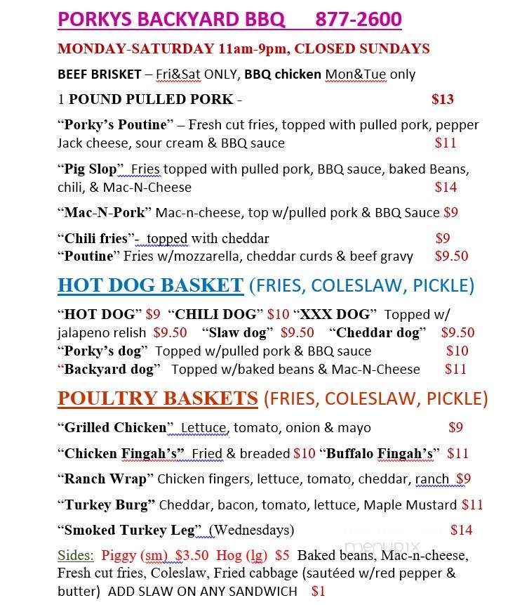Porkys Backyard BBQ & Smokehouse - Vergennes, VT menu_pic
