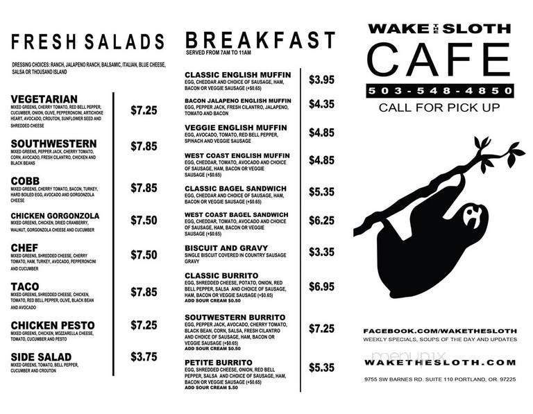 Wake the Sloth Cafe - Portland, OR menu_pic