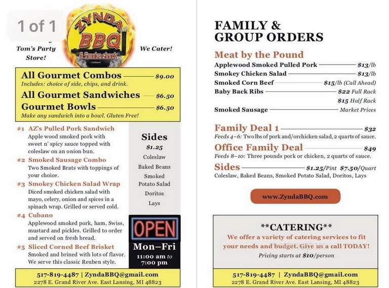 Zynda BBQ and Smoke Shack - East Lansing, MI menu_pic