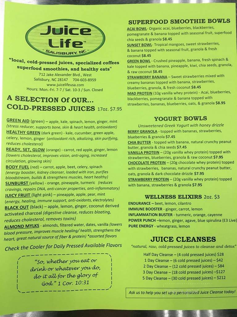 Online Menu of Juice Life, Salisbury, NC
